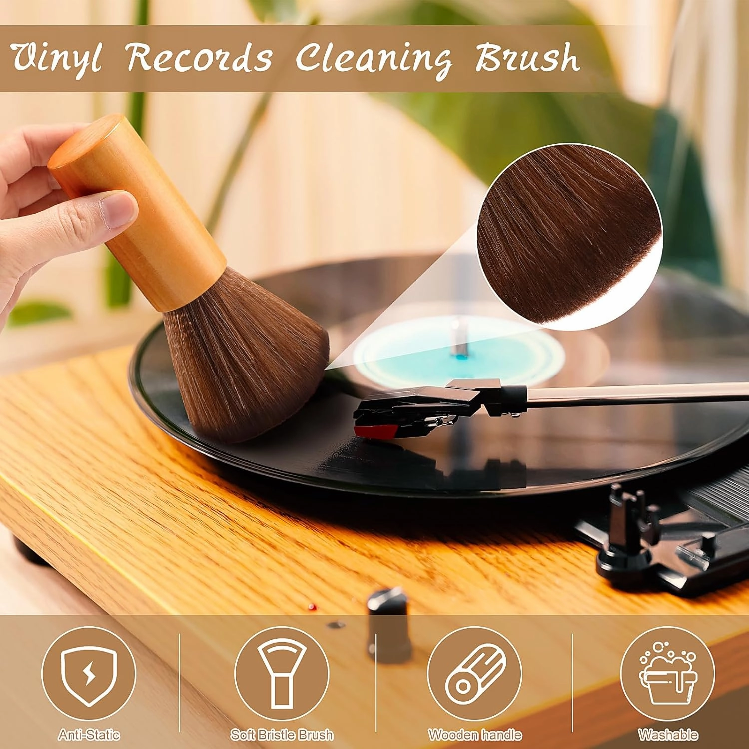 3 Pcs Vinyl Record Cleaning Brush Wooden Anti Static Dust Record Vinyl Cleaner Kit Player Accessories Gift for Music Lovers(Light Brown)