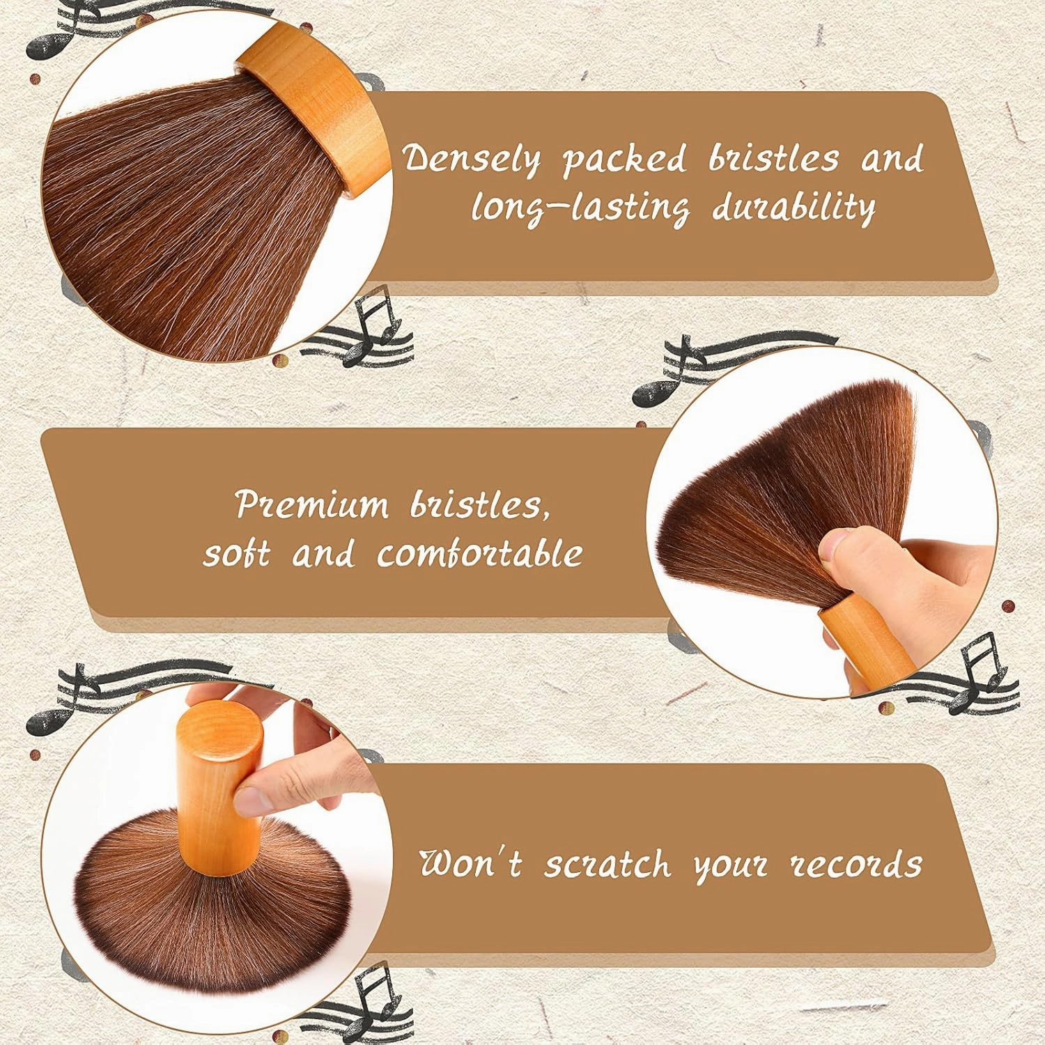 3 Pcs Vinyl Record Cleaning Brush Wooden Anti Static Dust Record Vinyl Cleaner Kit Player Accessories Gift for Music Lovers(Light Brown)