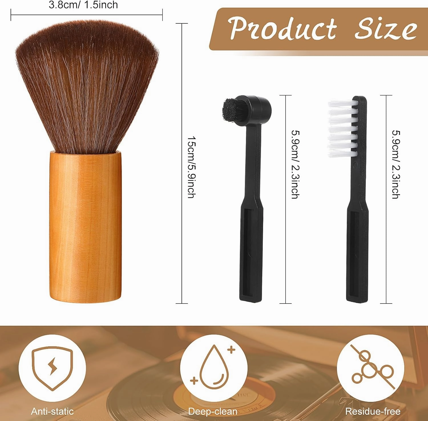 3 Pcs Vinyl Record Cleaning Brush Wooden Anti Static Dust Record Vinyl Cleaner Kit Player Accessories Gift for Music Lovers(Light Brown)