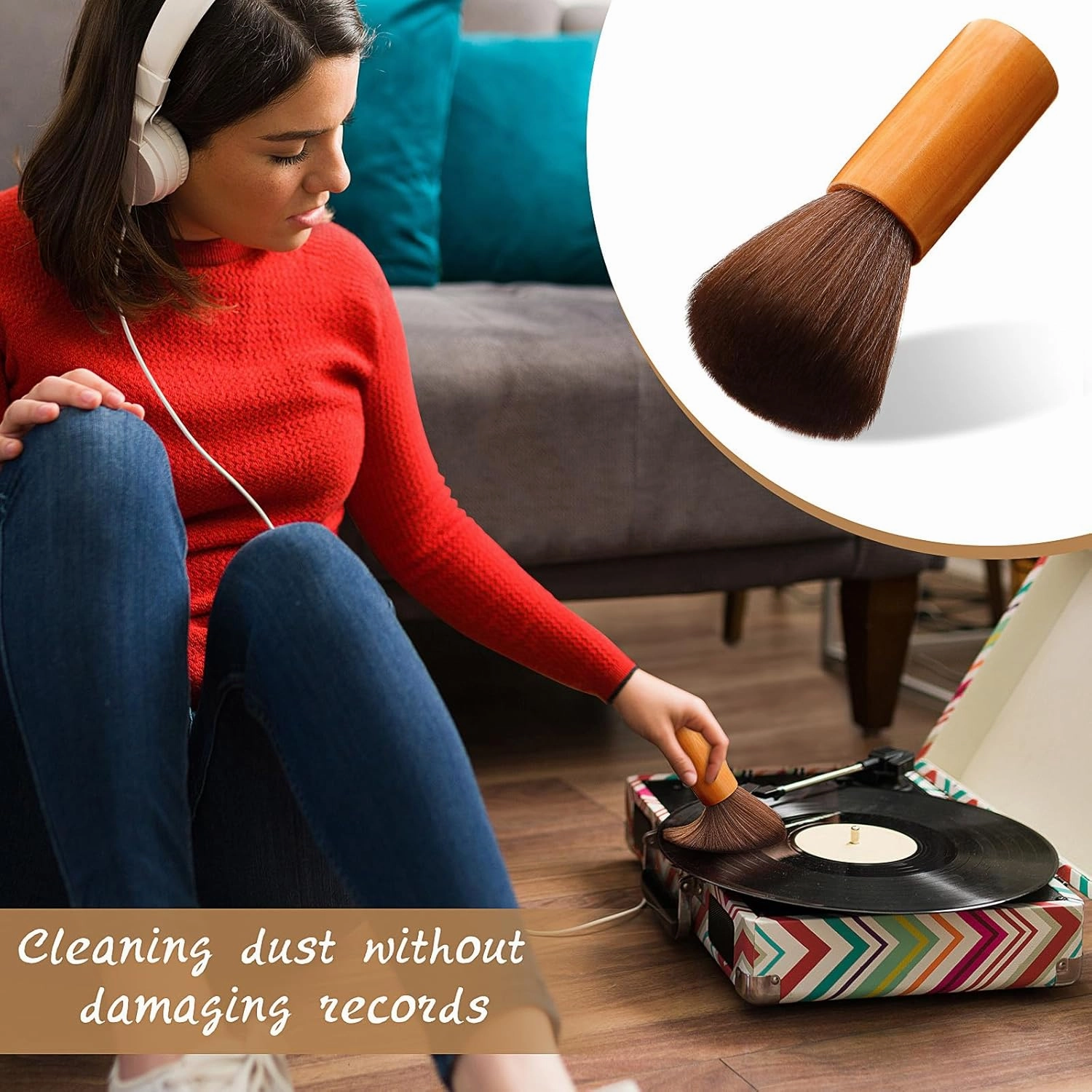 3 Pcs Vinyl Record Cleaning Brush Wooden Anti Static Dust Record Vinyl Cleaner Kit Player Accessories Gift for Music Lovers(Light Brown)