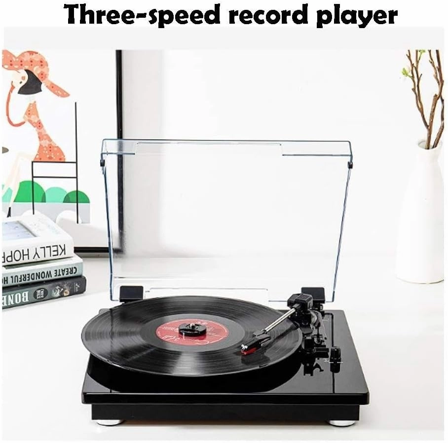 3-Speed Bluetooth Vinyl Record Player with Built-in Stereo Speakers, RCA Output, 7/10/12" Support (Black with Stylus)