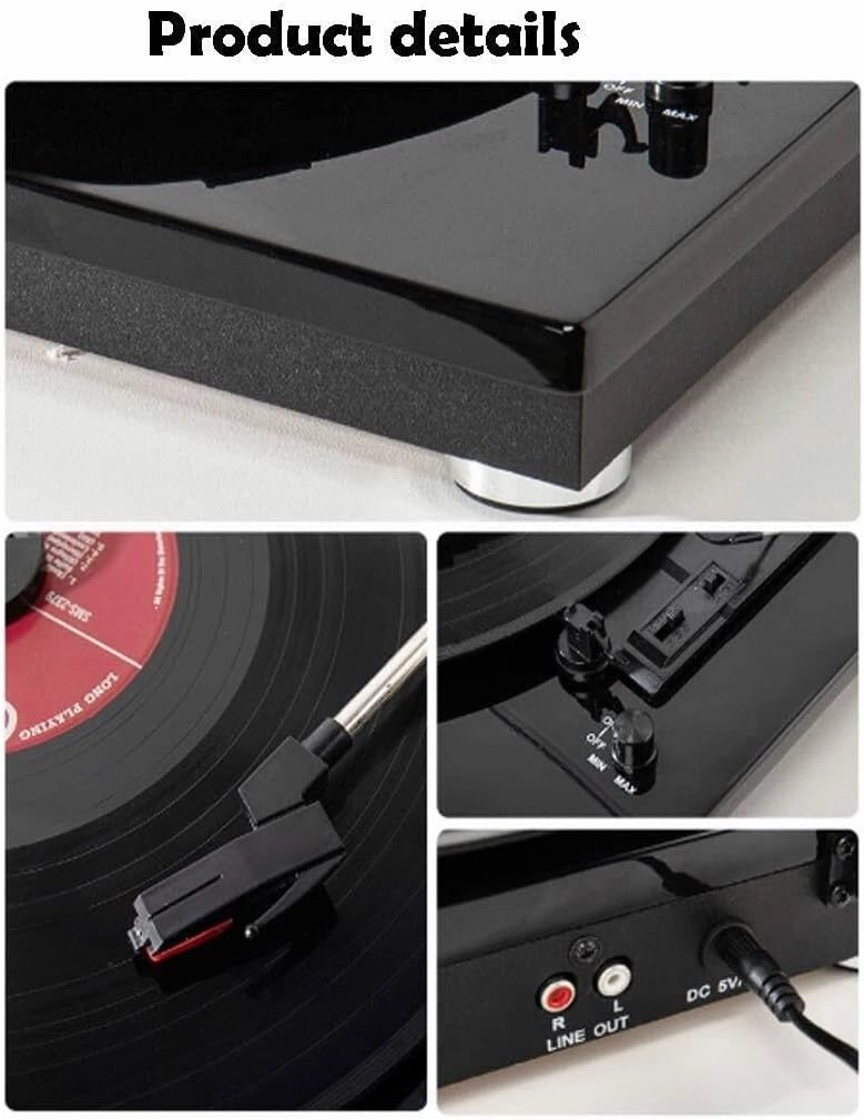 3-Speed Bluetooth Vinyl Record Player with Built-in Stereo Speakers, RCA Output, 7/10/12" Support (Black with Stylus)