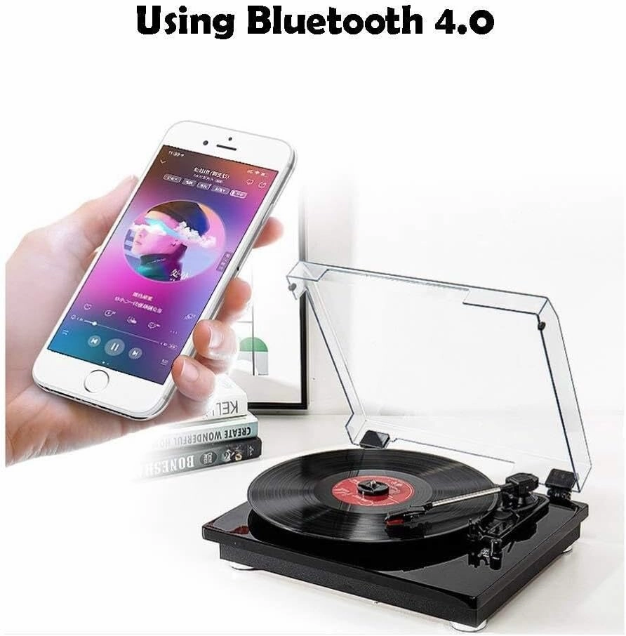 3-Speed Bluetooth Vinyl Record Player with Built-in Stereo Speakers, RCA Output, 7/10/12" Support (Black with Stylus)