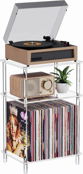 3 Tier Acrylic Record Player Stand with Vinyl Storage, 15.75" L x 11.81" W x 24.5" H, Small Clear Side Turntable Table with Album Storage Shelf, Modern End Table for Living Room, Bedroom vinyl storage,record holder,LP organizer,
