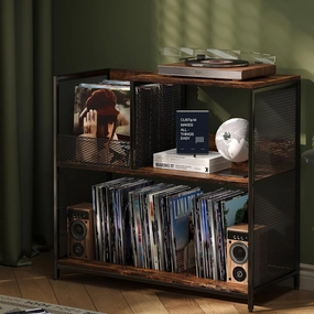 3 Tier Record Player Stand Holds Up to 300 Albums with 4 Adjustable Divider for Turntable Stand, Large Vintage Record Player Table with Vinyl Record Holder Cabinet-Patent Pending vinyl storage,record holder,LP organizer,