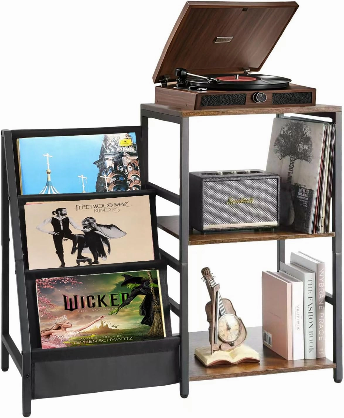 3-Tier Record Player Stand with Vinyl Storage | Mid-Century Modern Turntable Stand & Album Storage Organizer, Space-Saving Vinyl Record Stand for Living Room, Bedroom (Black Ironwood Design) vinyl storage,record holder,LP organizer,