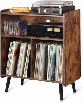 3-Tier Vintage Record Player Stand, Mid-Century Vinyl Record Storage Cabinet Table Holds up to 100 Albums, Large Wood Turntable Stand for Living Room, Office, Rustic Brown vinyl storage,record holder,LP organizer,