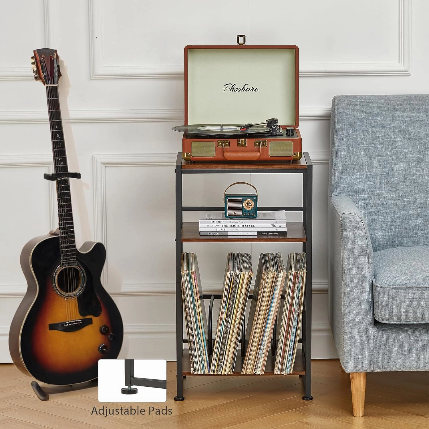 3-Tier Vinyl Record Player Stand, End Table for Album Storage, 28" H Record Player Stand with Storage Up to 120 Albums, Side Table for Living Room Bedroom