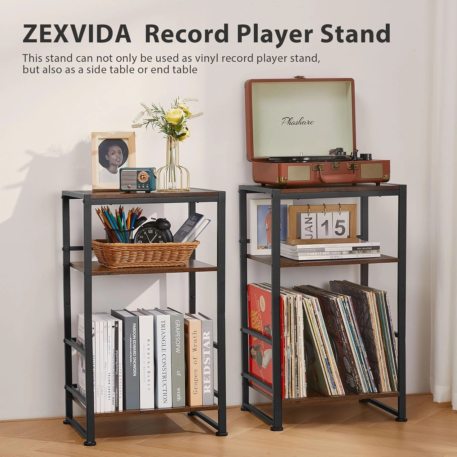 3-Tier Vinyl Record Player Stand, End Table for Album Storage, 28" H Record Player Stand with Storage Up to 120 Albums, Side Table for Living Room Bedroom (Rustic Brown)