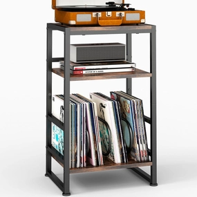 3-Tier Vinyl Record Player Stand, End Table for Album Storage, 28" H Record Player Stand with Storage Up to 120 Albums, Side Table for Living Room Bedroom (Rustic Brown) vinyl storage,record holder,LP organizer,