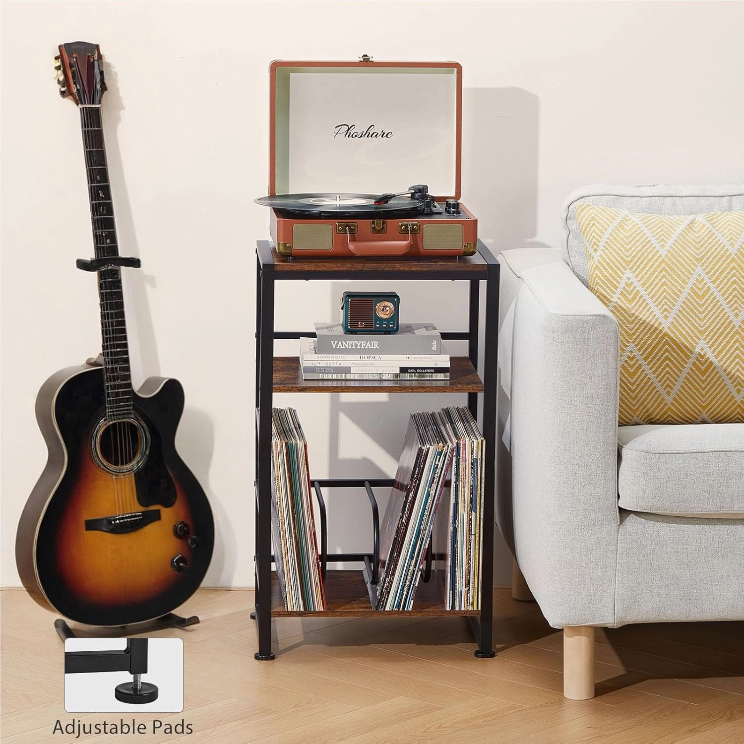 3-Tier Vinyl Record Player Stand, End Table for Album Storage, 28" H Record Player Stand with Storage Up to 120 Albums, Side Table for Living Room Bedroom (Rustic Brown)