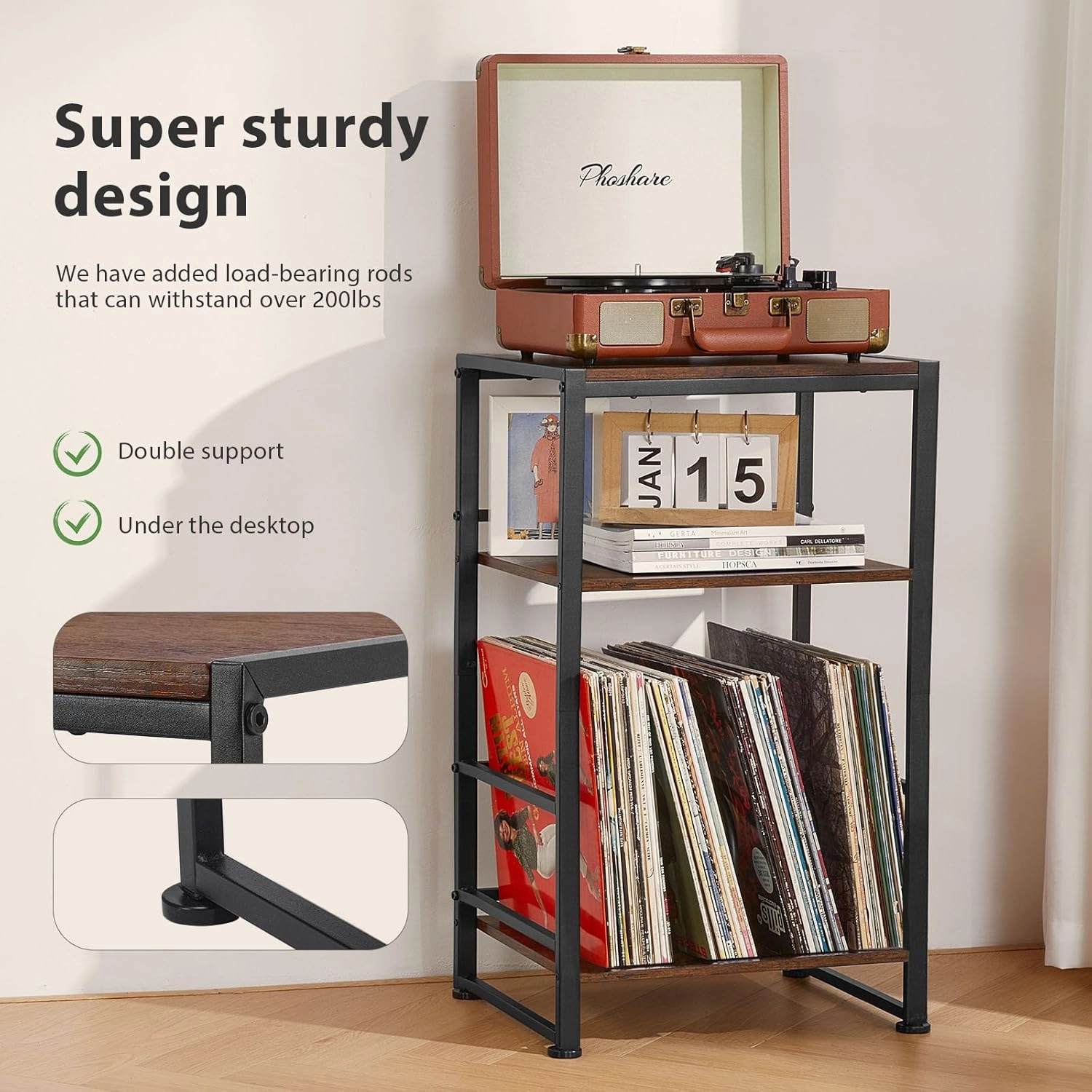 3-Tier Vinyl Record Player Stand, End Table for Album Storage, 28" H Record Player Stand with Storage Up to 120 Albums, Side Table for Living Room Bedroom (Rustic Brown)