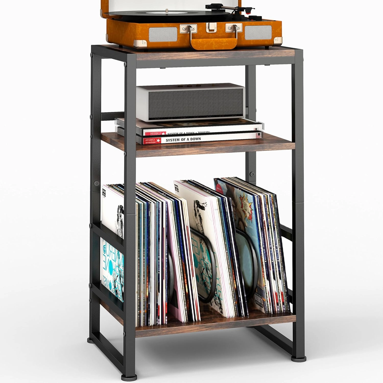 3-Tier Vinyl Record Player Stand, End Table for Album Storage, 28" H Record Player Stand with Storage Up to 120 Albums, Side Table for Living Room Bedroom (Rustic Brown) vinyl storage,record holder,LP organizer,