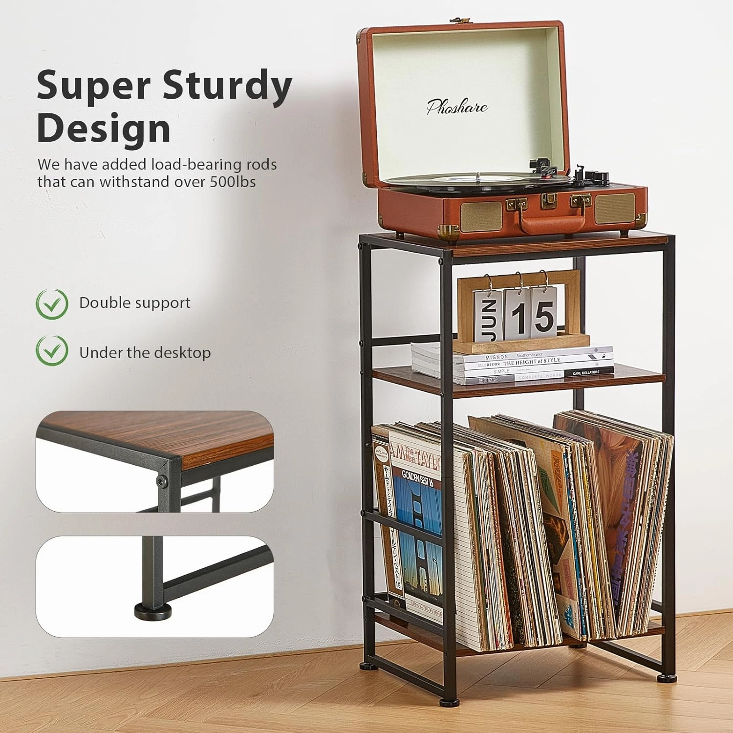 3-Tier Vinyl Record Player Stand, End Table for Album Storage, 28" H Record Player Stand with Storage Up to 120 Albums, Side Table for Living Room Bedroom