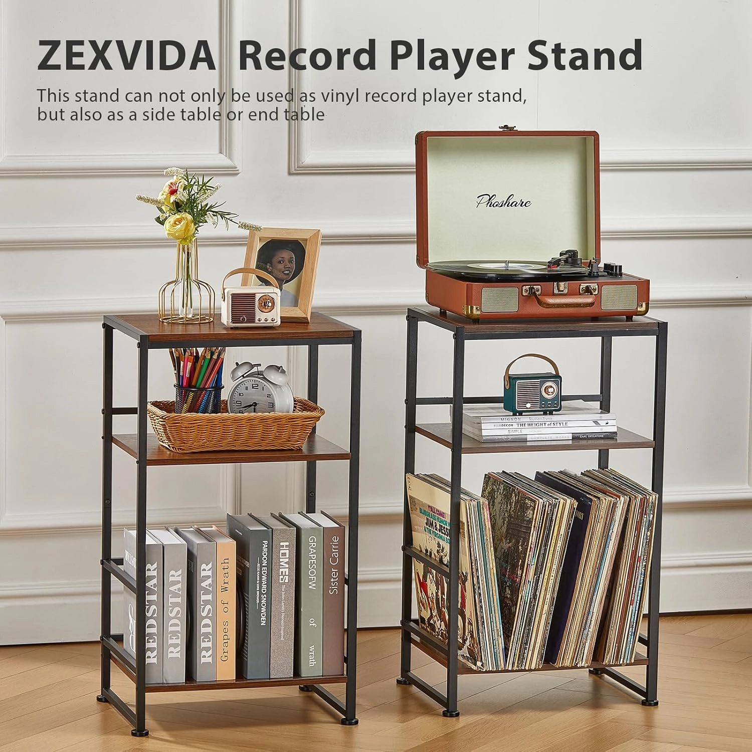 3-Tier Vinyl Record Player Stand, End Table for Album Storage, 28" H Record Player Stand with Storage Up to 120 Albums, Side Table for Living Room Bedroom