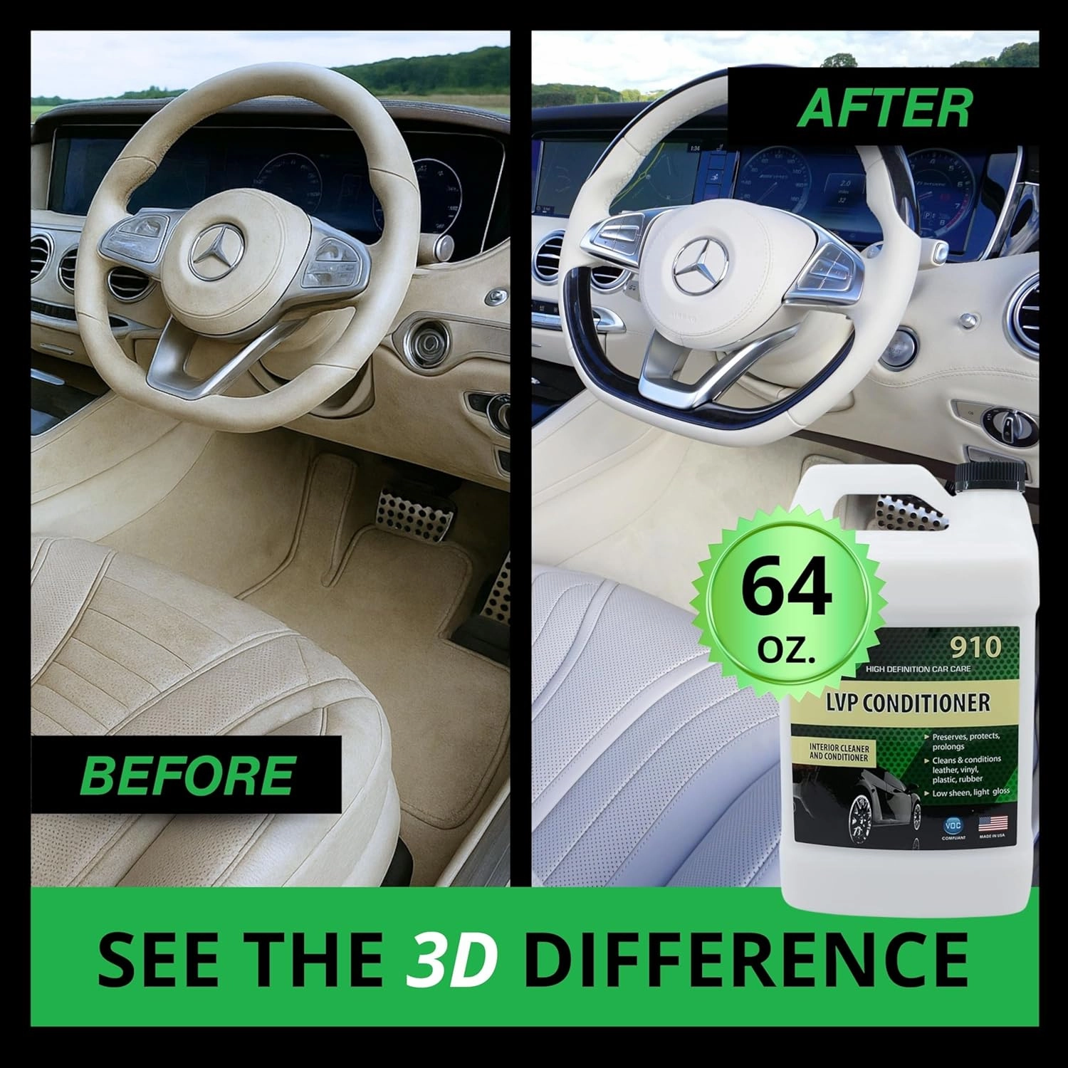 3D Leather, Vinyl & Plastic Conditioner | Restores, Conditions & Protects Car Interiors | Non-Greasy UV Protection for Seats, Steering Wheels, & Trim |1 Gallon