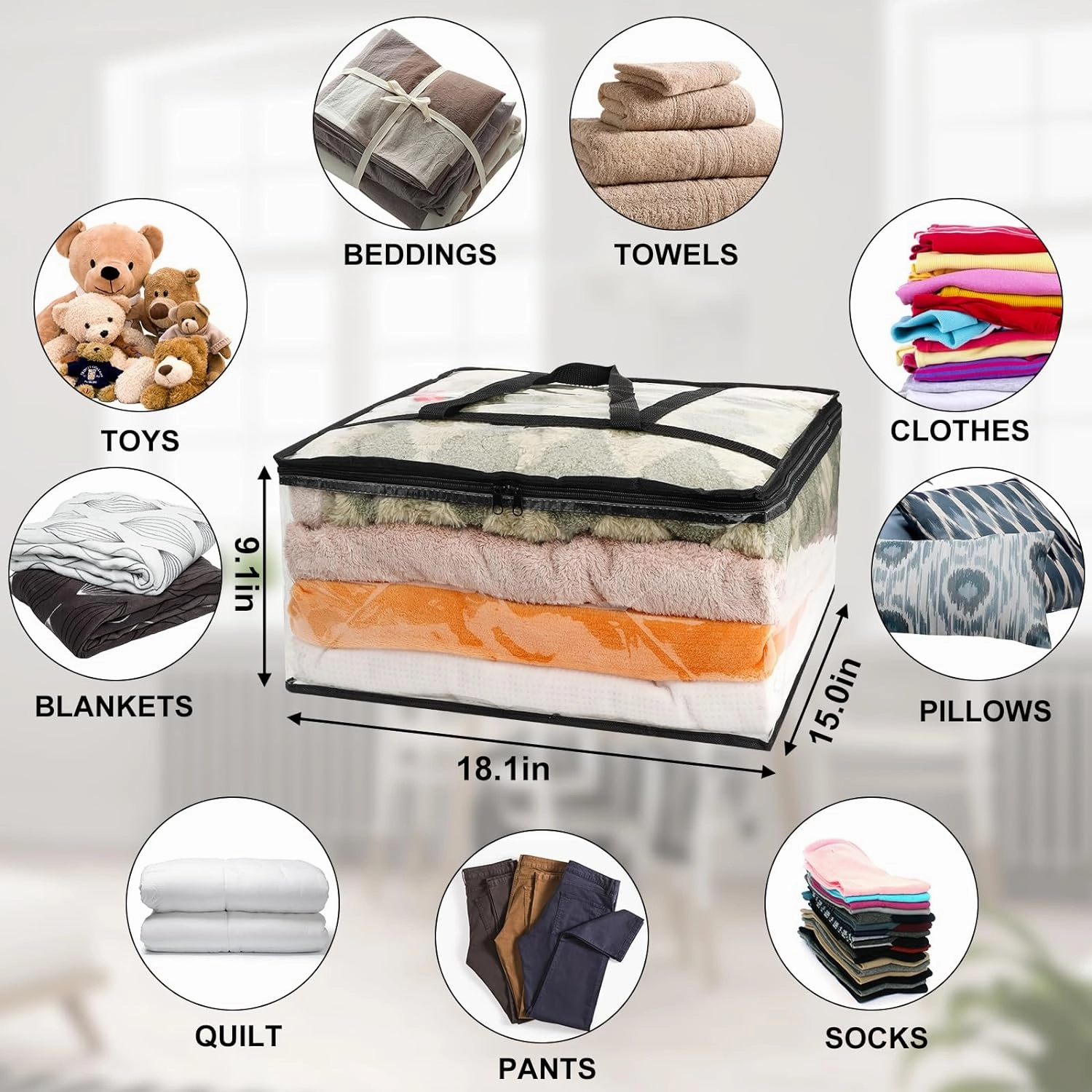 3Pack Clear Blanket Storage Bags, Vinyl Comforter Clothes Storage Closet Organizers and Storage Containers Moving Bags with Reinforced Handle for Bedding, Clothing, Comforters, Pillows, Toys,40L