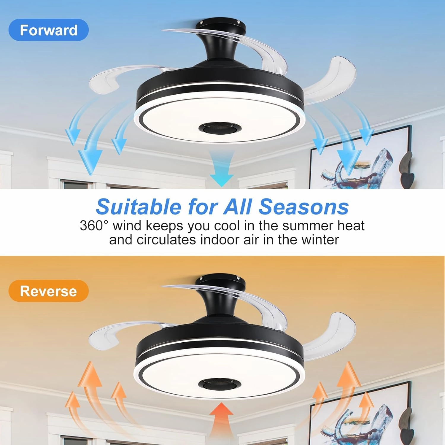 42'' Retractable Ceiling Fan with Lights, Smart Ceiling Fan Light with Bluetooth Speaker, App Control for Dimming & RGB Color Change Reversible Bedroom Living Room
