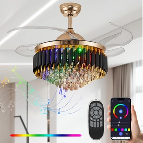48" Bluetooth Ceiling Fan with Speaker, RGB-LED Dimmable Light 6 Speeds Reversible Blades Modern Fandelier Chandelier with Remote APP Control Memory Timer Function for Bedroom Gold soundbar,TV speaker bar,home theater soundbar,