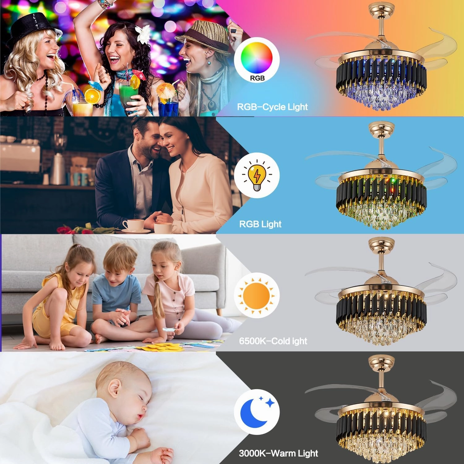 48" Bluetooth Ceiling Fan with Speaker, RGB-LED Dimmable Light 6 Speeds Reversible Blades Modern Fandelier Chandelier with Remote APP Control Memory Timer Function for Bedroom Gold