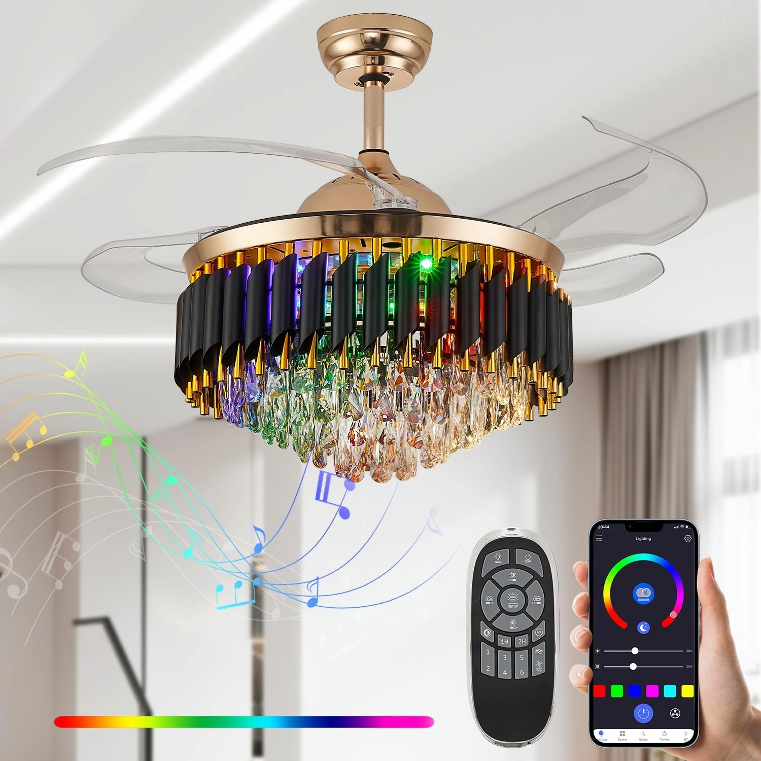 48" Bluetooth Ceiling Fan with Speaker, RGB-LED Dimmable Light 6 Speeds Reversible Blades Modern Fandelier Chandelier with Remote APP Control Memory Timer Function for Bedroom Gold soundbar,TV speaker bar,home theater soundbar,