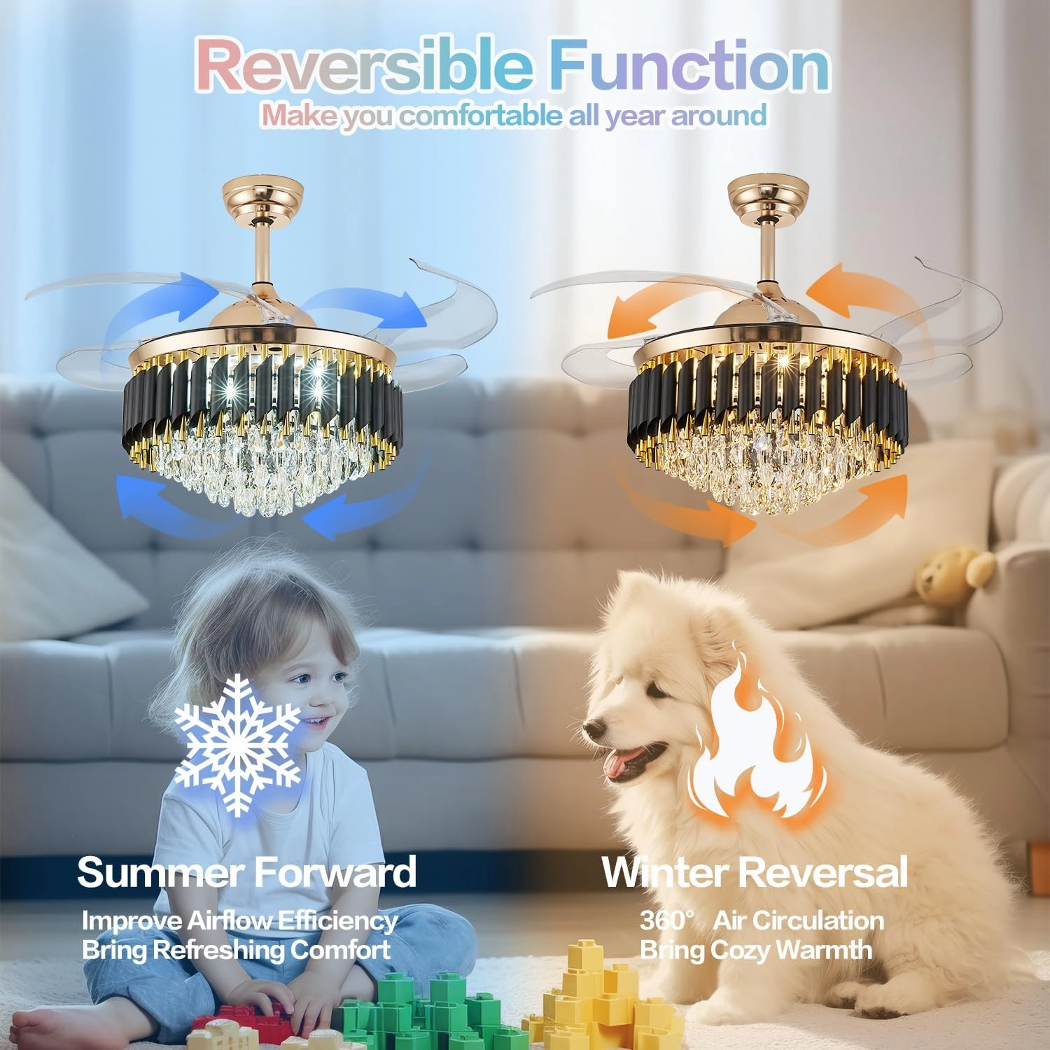 48" Bluetooth Ceiling Fan with Speaker, RGB-LED Dimmable Light 6 Speeds Reversible Blades Modern Fandelier Chandelier with Remote APP Control Memory Timer Function for Bedroom Gold