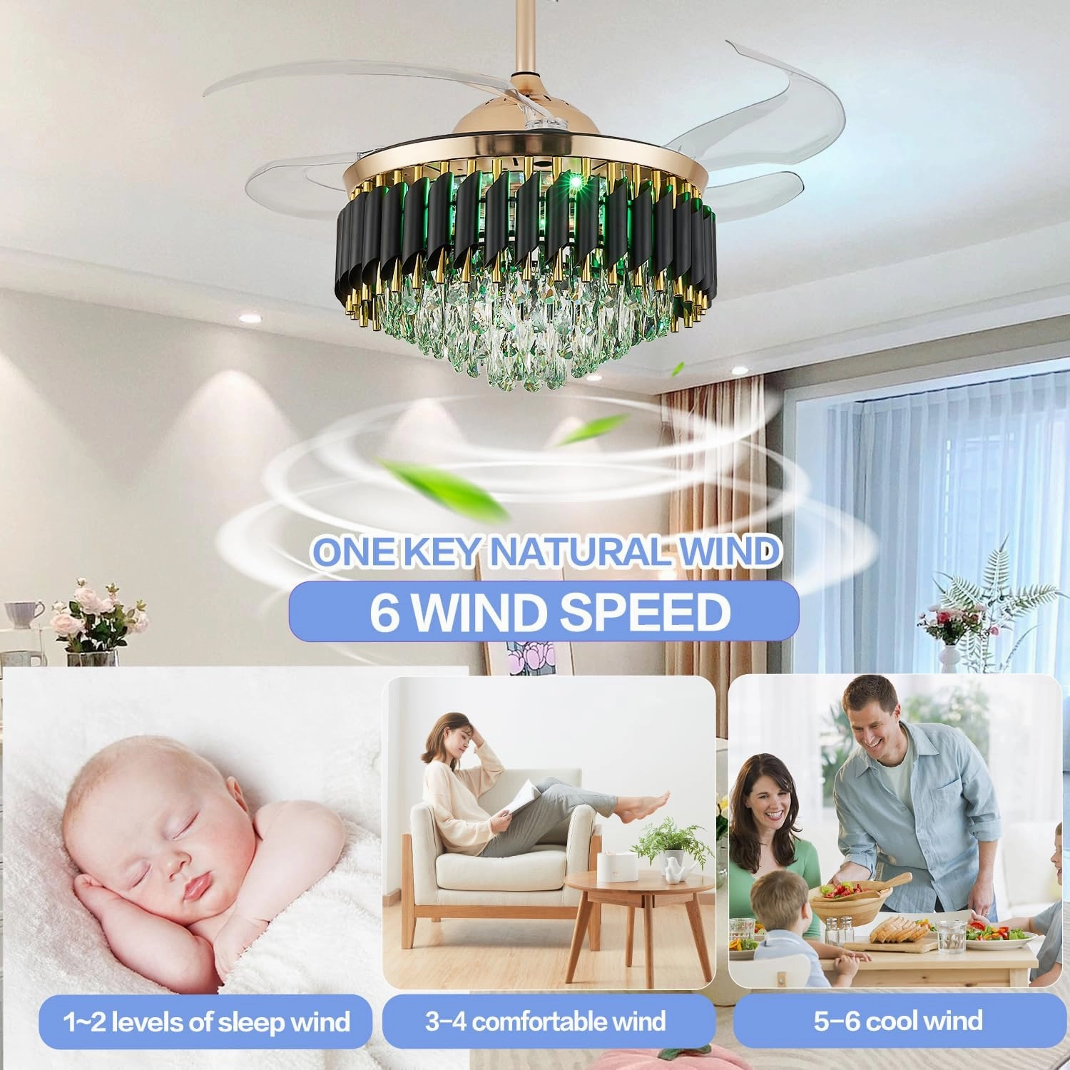 48" Bluetooth Ceiling Fan with Speaker, RGB-LED Dimmable Light 6 Speeds Reversible Blades Modern Fandelier Chandelier with Remote APP Control Memory Timer Function for Bedroom Gold
