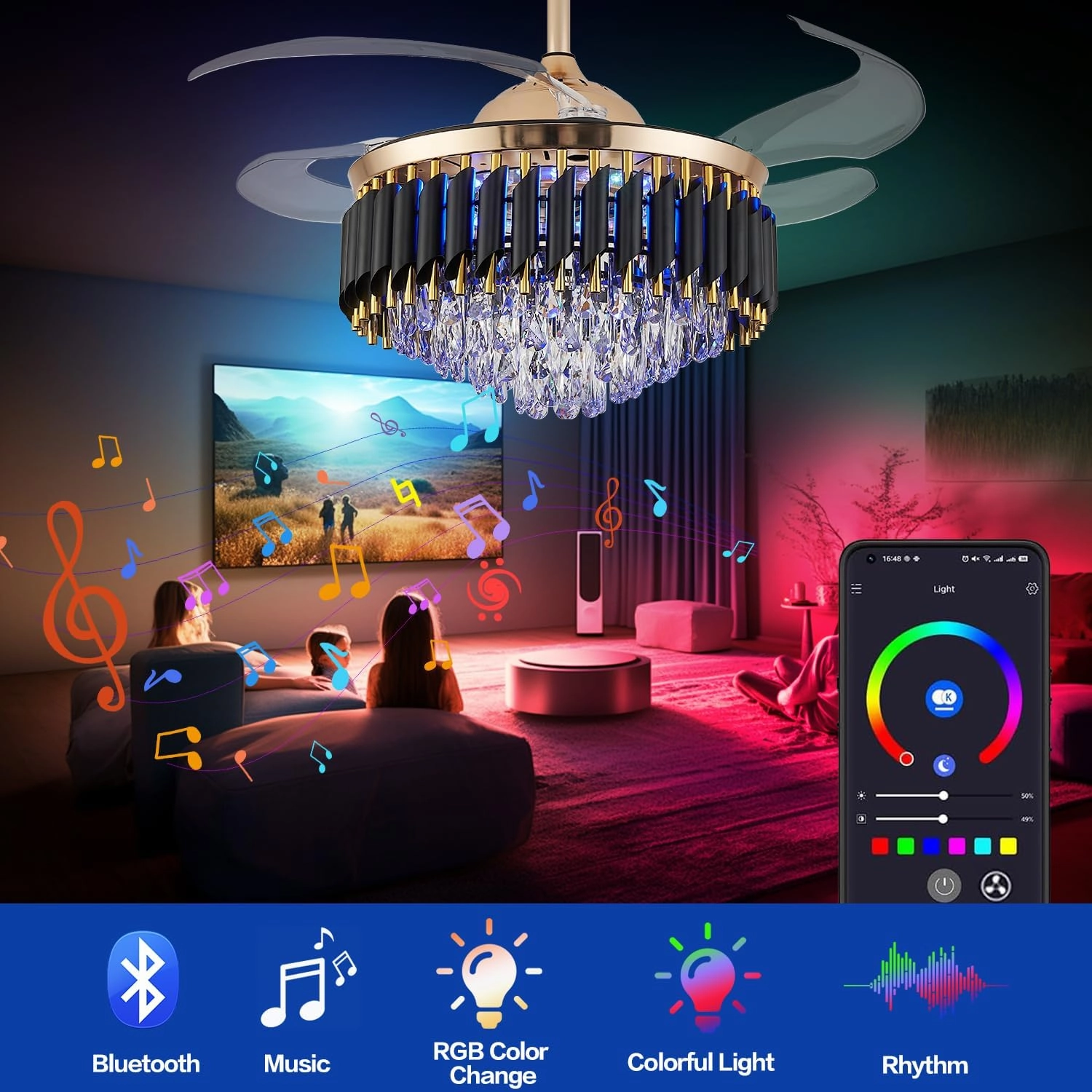 48" Bluetooth Ceiling Fan with Speaker, RGB-LED Dimmable Light 6 Speeds Reversible Blades Modern Fandelier Chandelier with Remote APP Control Memory Timer Function for Bedroom Gold