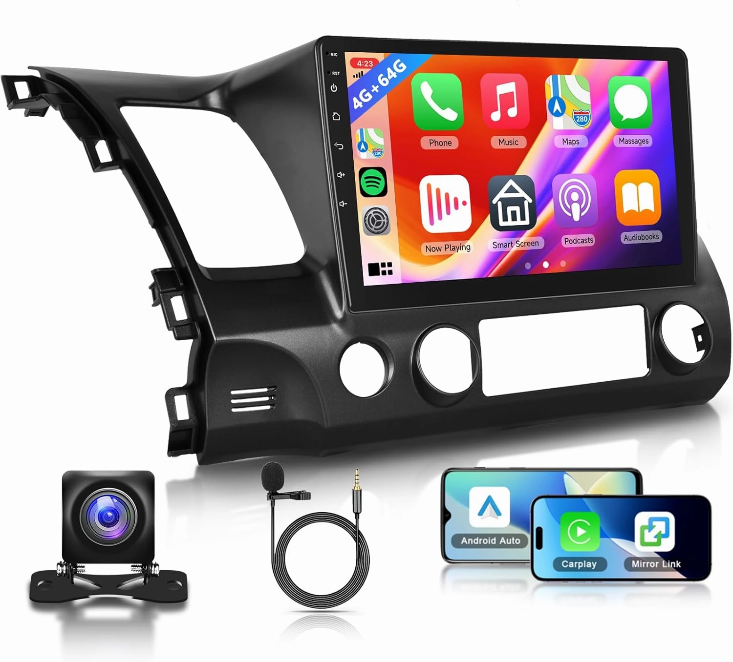 4 64G Radio for Honda Civic 2006 2007 2008 2009 2010 2011 Car Stereo, Wireless CarPlay Android Auto 10.1 Inch IPS Touch Screen Android 13 GPS WiFi Bluetooth DSP Audio HD Backup Camera audio interface,USB interface,music recording input,