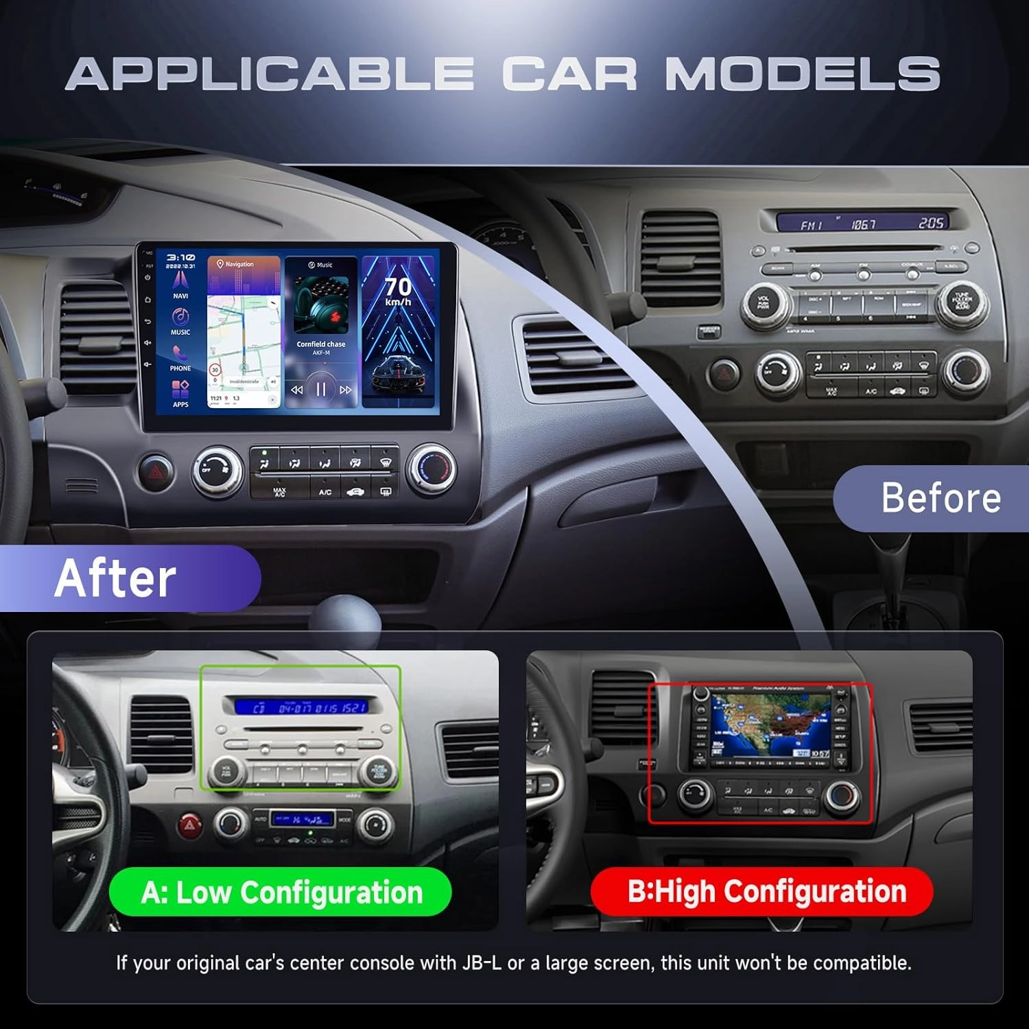 4 64G Radio for Honda Civic 2006 2007 2008 2009 2010 2011 Car Stereo, Wireless CarPlay Android Auto 10.1 Inch IPS Touch Screen Android 13 GPS WiFi Bluetooth DSP Audio HD Backup Camera
