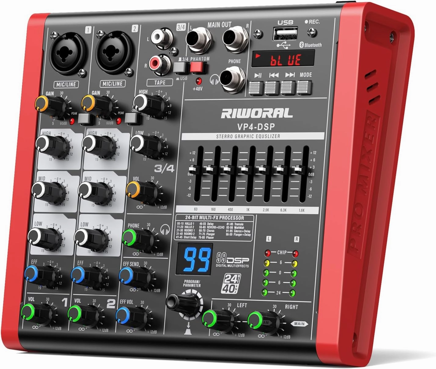 4 Channel Audio Interface DJ Mixer With 99 DSP Effects XLR 1/4 inch Jack For MIC/Musical Instrument USB PC Phone Bluetooth Music Audio Mixer for karaoke Stage Streaming Studio audio interface,USB interface,music recording input,