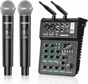 4 Channel Audio Interface With Dual Wireless Mic Sound Board Console MP3 Bluetooth 48V Phantom Power USB Interface Audio Mixerfor Home Karaoke Party Computer Studio Recording mixer console,audio mixing desk,DJ console,