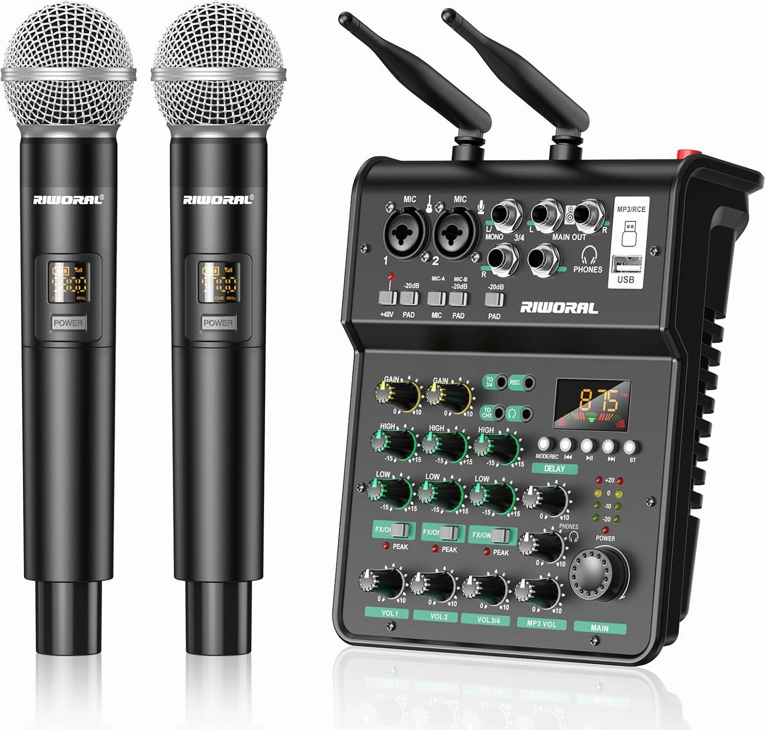 4 Channel Audio Interface With Dual Wireless Mic Sound Board Console MP3 Bluetooth 48V Phantom Power USB Interface Audio Mixerfor Home Karaoke Party Computer Studio Recording mixer console,audio mixing desk,DJ console,