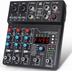 4 Channel Audio Mixer with 99 Sound Effects for PC,BT DJ Mixer Portable Sound Mixing Console with USB Recording Input for Live Streaming,Podcasting,DJ Show,Wedding mixer console,audio mixing desk,DJ console,