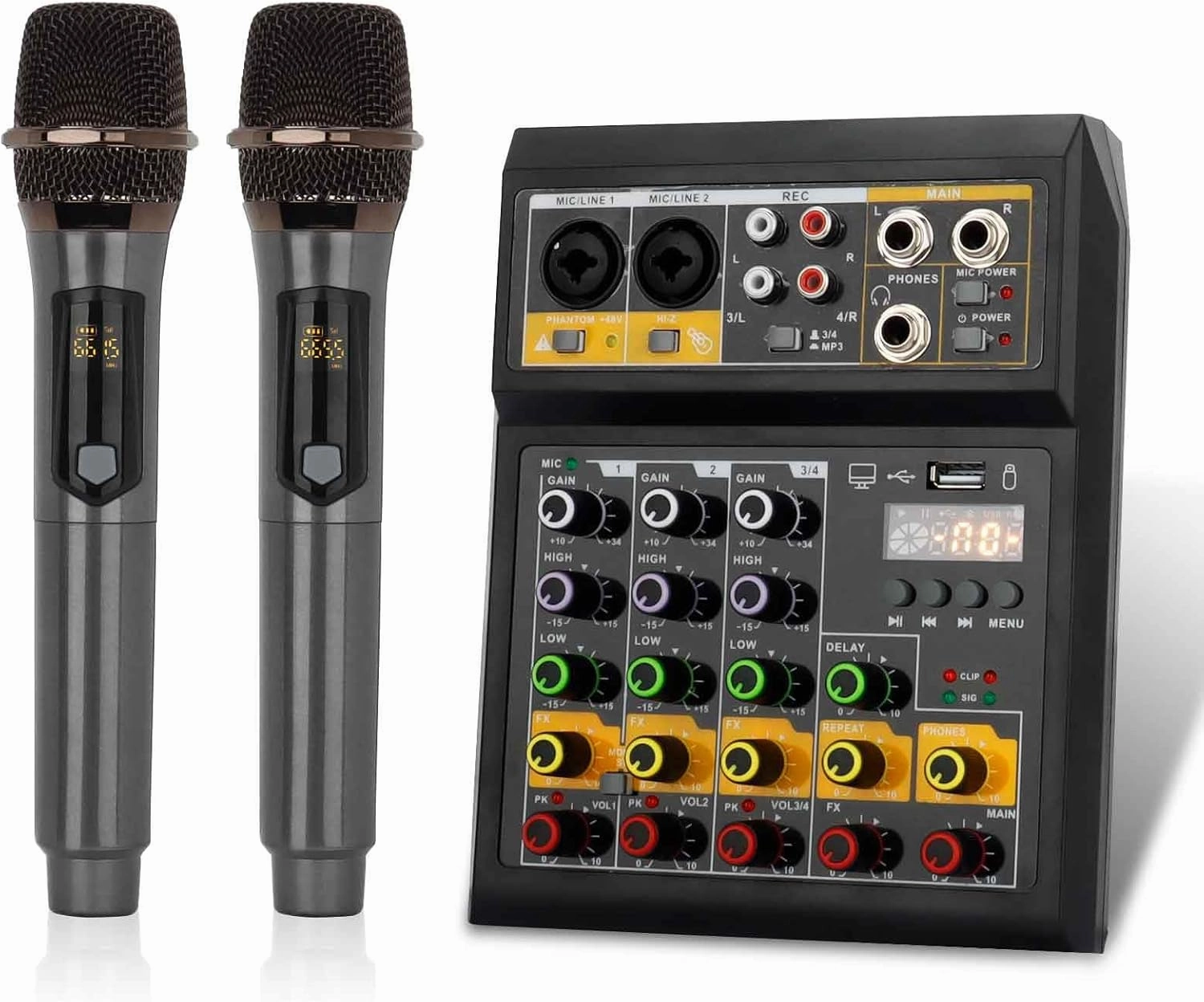 4 Channel Audio Mixer with Dual Wireless Microphone Plastic DJ Mixer Sound Board Console Bluetooth 48V Phantom Power USB Interface for Band Karaoke Studio Recording mixer console,audio mixing desk,DJ console,