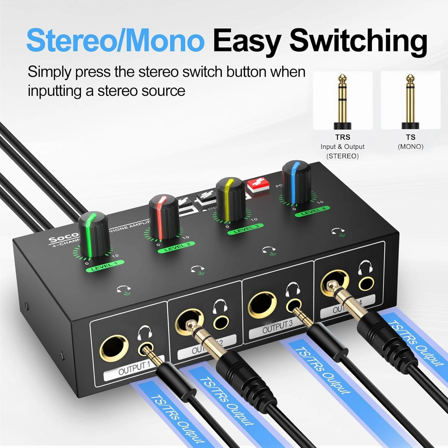 4-Channel Headphone Amplifier 3.5mm/6.35mm/RCA Jacks, Metal Compact Headphone Mixer with 8 Headphone Output Port, Stereo Switch, Mute Function, RGB Light, 5.5x2.76x1.2 inch