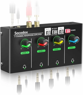 4-Channel Headphone Amplifier 3.5mm/6.35mm/RCA Jacks, Metal Compact Headphone Mixer with 8 Headphone Output Port, Stereo Switch, Mute Function, RGB Light, 5.5x2.76x1.2 inch headphone amplifier,portable amp,desktop headphone amp,