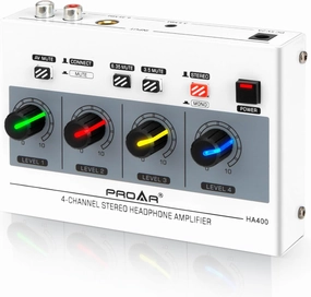4 Channel Headphone Amplifier 7 Color Light Headphones Amp for Music Studio with Mono/Stereo Multi-Port Metal Headphones Audio Splitter with 1/4" & 1/8" TRS Headphones Output and 3 Input Port headphone amplifier,portable amp,desktop headphone