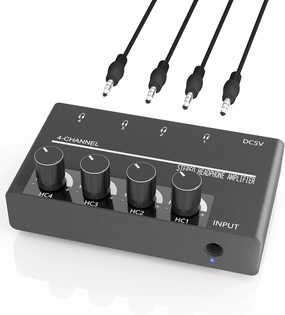 4 Channel Headphone Amplifier - Ultra-Compact Portable Stereo Audio Amp. Splitter with 4 3.5MM Headphones Output Jacks and 3.5MM Audio Input. Perfect for Sharing Music in Small Groups and DJing headphone amplifier,portable amp,desktop headphone amp,