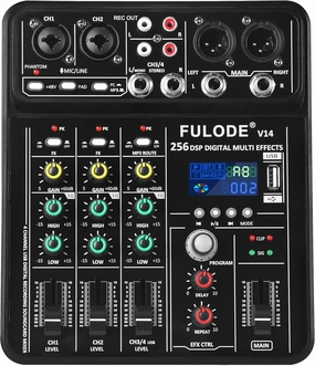 4 Channel Mixer DJ Audio Mixing Console with 256DSP, Small Music Sound Mixer Board Supports USB Bluetooth MP3 Computer Input, 48V Phantom Power & PAD Function for Recording Studio Streaming mixer console,audio mixing desk,DJ console,