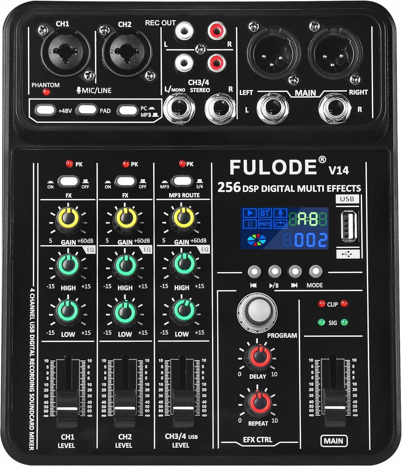 4 Channel Mixer DJ Audio Mixing Console with 256DSP, Small Music Sound Mixer Board Supports USB Bluetooth MP3 Computer Input, 48V Phantom Power & PAD Function for Recording Studio Streaming mixer console,audio mixing desk,DJ console,