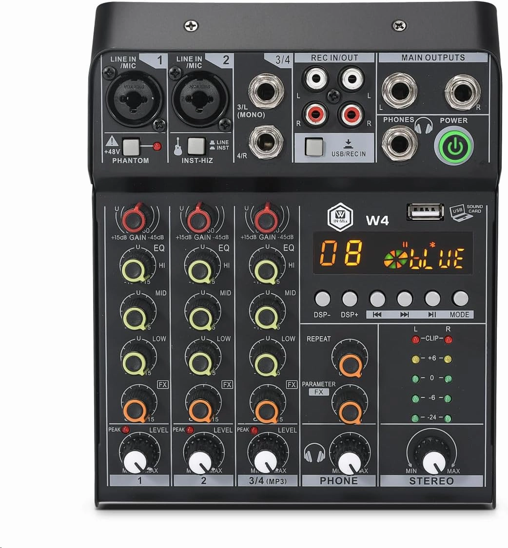4 Channel Mixer with MP3 Player and 16 DSP Effects, Bluetooth and Recording Support, 48V Phantom Power and AUX Output Function Suitable for Studio and Live Performance balanced output player,audiophile player,hi-res digital player,