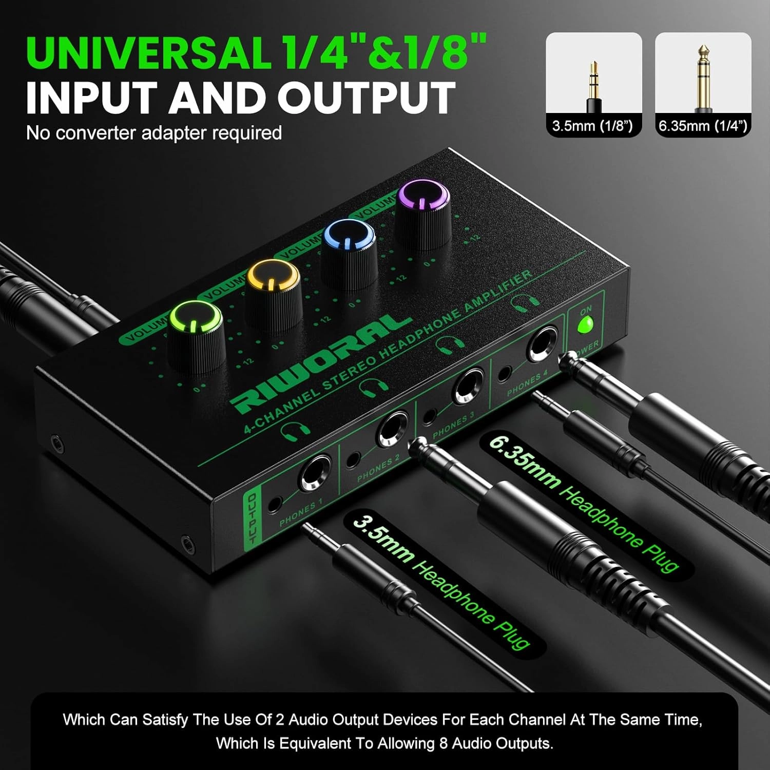4 Channels Headphone Amplifier with 3.5mm/6.35mm/ TRS Jack Input for Dj Mixer Amps Splitter with 8 Output Ports Separate Volume Control Output for Speaker Or Monitor Headphone