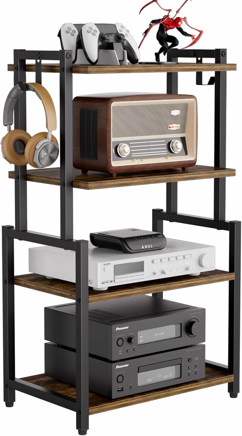 4-Tier AV Media Corner Shelf, Game Console Stand with 2 Hooks, Stereo Audio Component Rack, Small Entertainment Center for Video Game and Vinyl Record Storage, Rustic Brown audio rack,hi-fi component stand,media shelf,