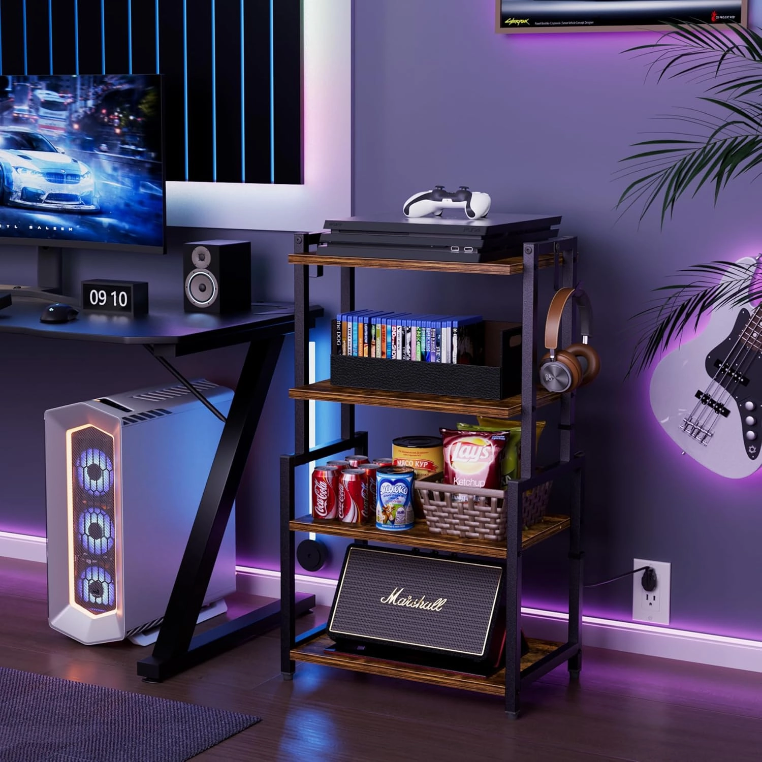 4-Tier AV Media Corner Shelf, Game Console Stand with 2 Hooks, Stereo Audio Component Rack, Small Entertainment Center for Video Game and Vinyl Record Storage, Rustic Brown