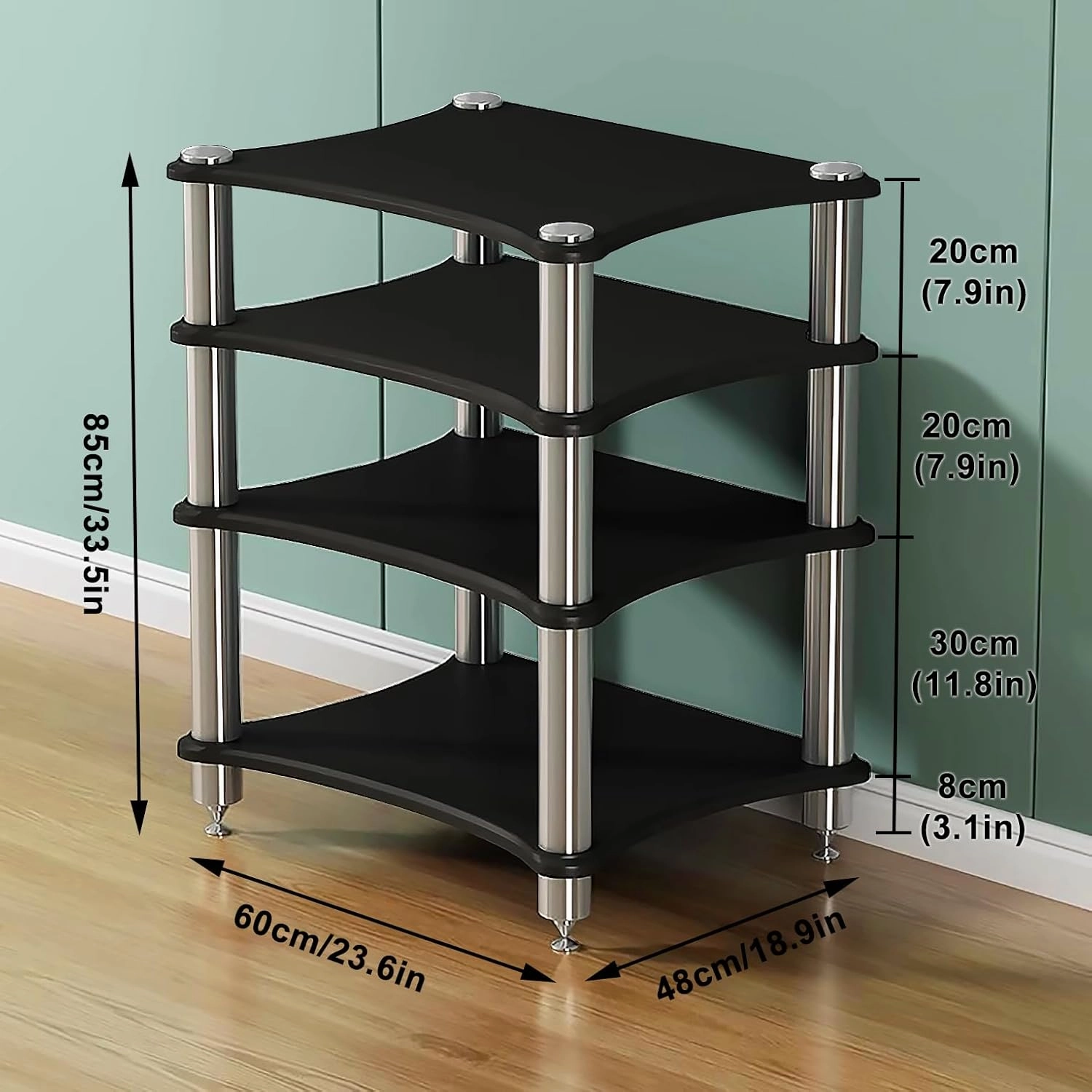4-Tier AV Media Stand, Amplifier Rack Cabinet for Stereo Component Game Console DVD Player WiFi Router, Home Theater Office Living Room Organizer (Black, 4-Tier)
