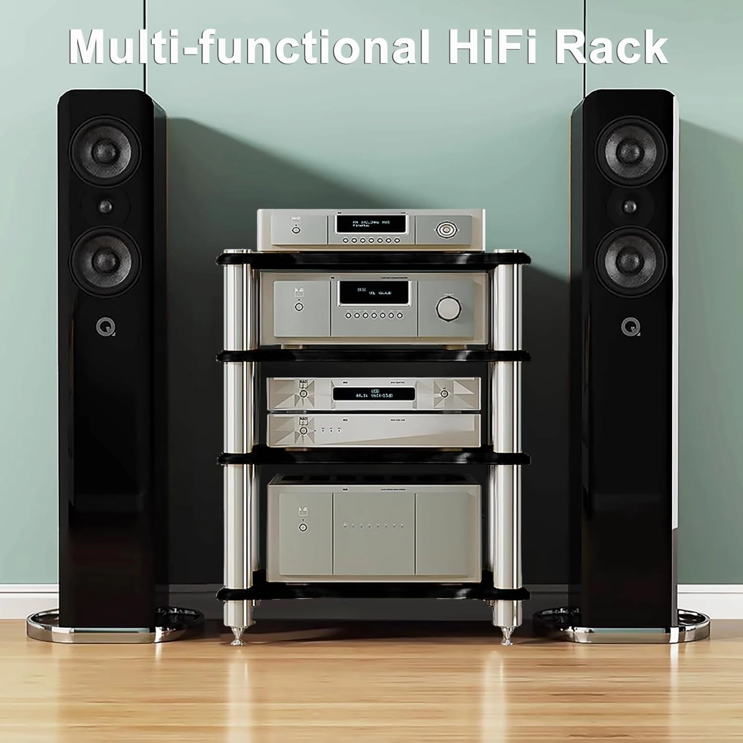 4-Tier AV Media Stand, Amplifier Rack Cabinet for Stereo Component Game Console DVD Player WiFi Router, Home Theater Office Living Room Organizer (Black, 4-Tier)