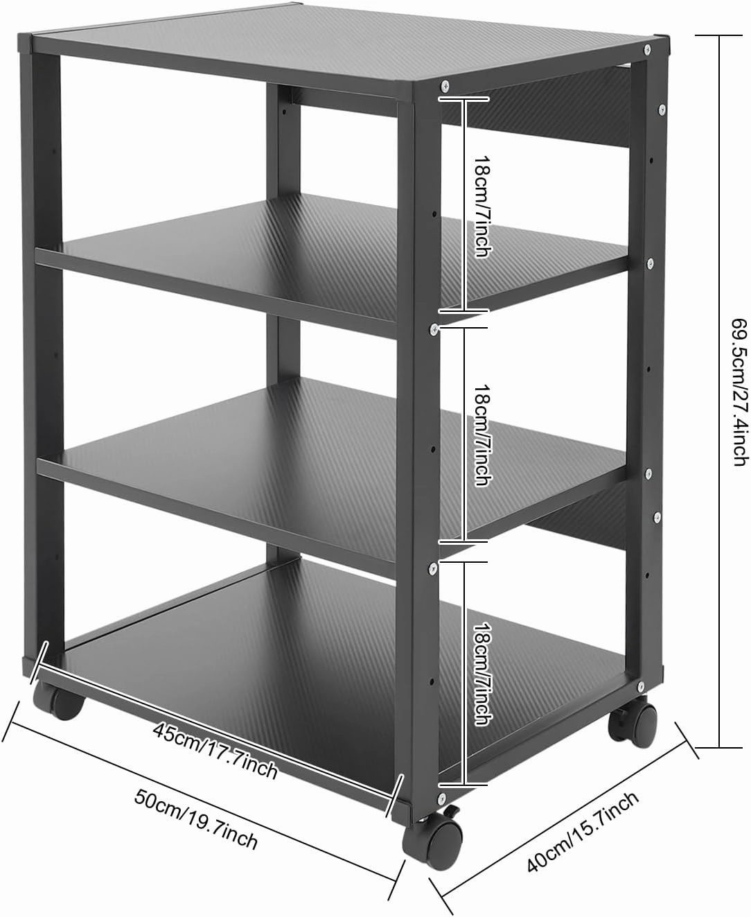 4-Tier AV Media Stand Audio Rack Tower with 4 Lockable Universal Wheels Movable Audio Media Stand with Top Corner Shelf for Record Player, Stereo Components, DVD Players (19.7*15.7*27.4in)