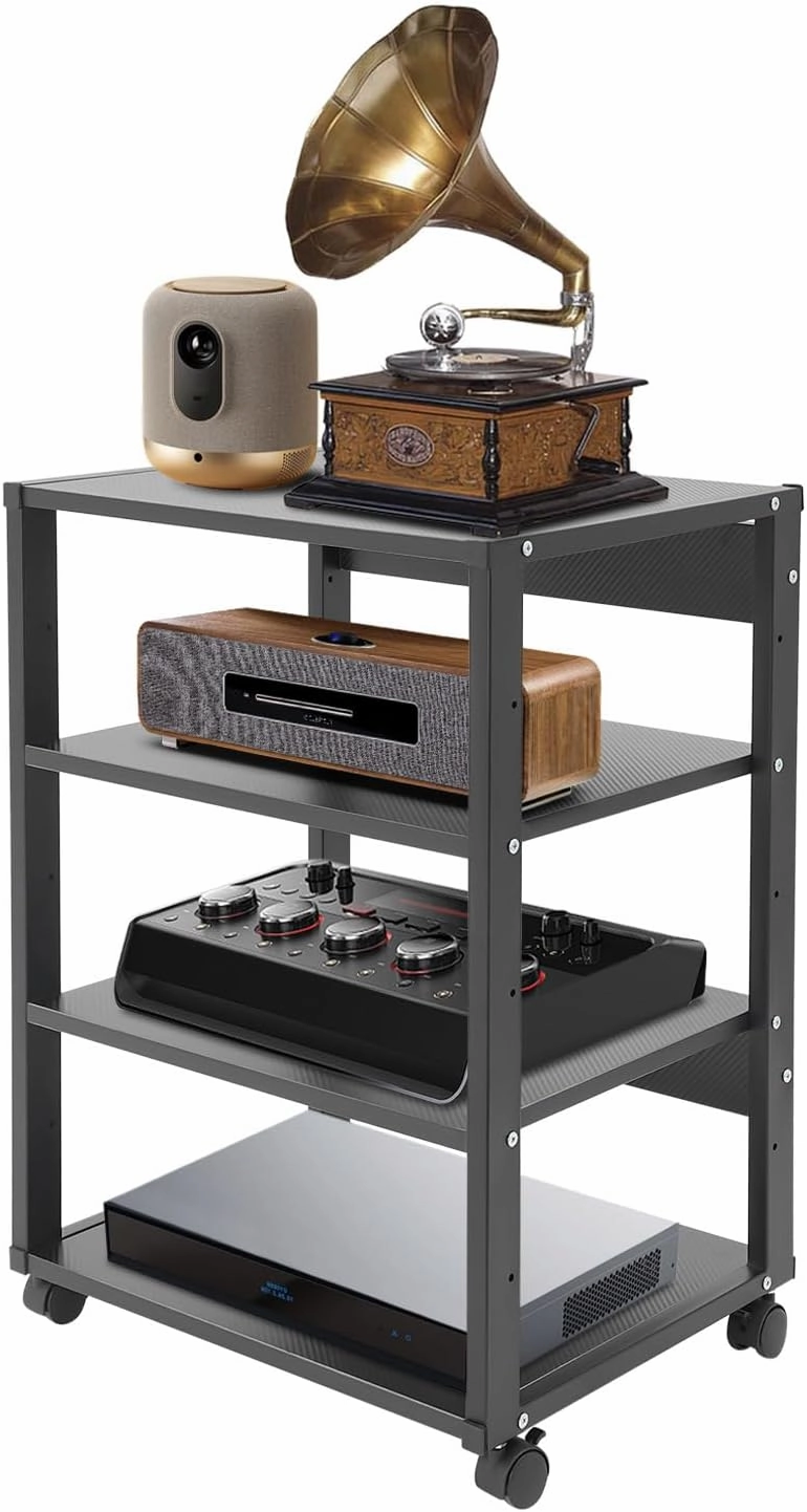 4-Tier AV Media Stand Audio Rack Tower with 4 Lockable Universal Wheels Movable Audio Media Stand with Top Corner Shelf for Record Player, Stereo Components, DVD Players (19.7*15.7*27.4in)