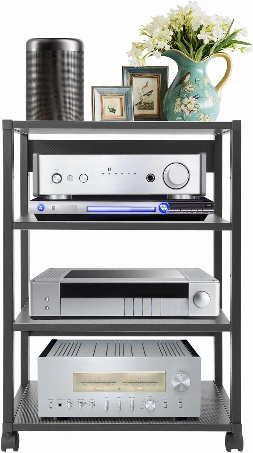 4-Tier AV Media Stand Audio Rack Tower with 4 Lockable Universal Wheels Movable Audio Media Stand with Top Corner Shelf for Record Player, Stereo Components, DVD Players (19.7*15.7*27.4in)